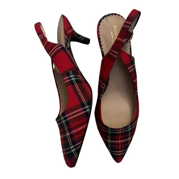 Isaac Mizrahi Red Green Plaid Slingback Pointed Toe Heels Size 8.5 Pumps Preppy - Picture 4 of 9